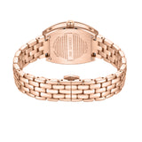 Rose gold-toned watch, back view. Rectangular case, rounded sides, metal link bracelet with butterfly clasp. Engraved case ba