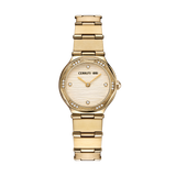 Gold-toned Cerruti women's watch with a textured cream dial and a bezel embellished with clear stones.
