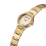 Gold-toned women's watch with an octagonal case, clear stones on the bezel, a textured light gold dial with four stone marker