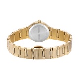 Gold-toned watch with a brushed link bracelet. Silver-toned case back and clasp are engraved with "CERRUTI 1881".
