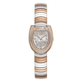 Rose gold-toned and silver-toned watch with a horseshoe-shaped, crystal-embellished case and white mother-of-pearl dial.