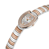 Horseshoe-shaped watch with silver-toned case, rose gold-toned stone-set bezel, white MOP dial, and two-toned silver- and ros