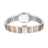 Silver-toned stainless steel watch case back with rose-gold toned crown. Bracelet has alternating silver-toned and rose-gold