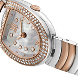 Silver-toned watch with a teardrop case, rose-gold-toned crystal bezel, white mother-of-pearl dial, and two-toned bracelet.