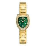 Gold-toned Cerruti women's watch with a horseshoe-shaped case, green mother-of-pearl dial, and crystal-embellished bezel.