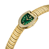 Gold-toned watch with green MOP dial, hands, Roman numerals, crystal markers. Crystal-encrusted gold-toned bezel, segmented b