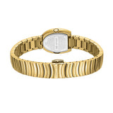 Gold-toned watch with a curved link bracelet and a silver-toned case back. The clasp is engraved with "CERRUTI 1881".