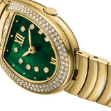 Gold-toned watch with a green mother-of-pearl dial, crystal-encrusted bezel, gold-toned Roman numerals, and a gold-toned link