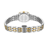 Back of a watch with a gold-toned square case, stainless steel back, and a two-tone silver-toned and gold-toned link bracelet