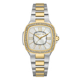 Cerruti women's watch with a gold-toned, crystal-set cushion case, white mother-of-pearl dial, and two-tone silver and gold-t