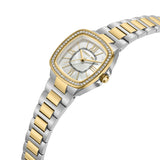 Cushion-shaped watch with a gold-toned, crystal-encrusted bezel, white mother-of-pearl dial with Roman numerals, and two-tone