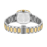 Silver-toned watch back with gold-toned bezel and two-tone metal link bracelet featuring silver-toned outer links and gold-to