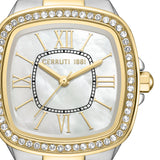 Cushion-shaped watch with gold-toned crystal-set bezel, white mother-of-pearl dial, gold-toned Roman numerals, and two-tone b
