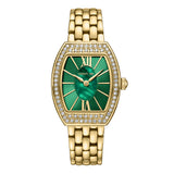 Gold-toned women's watch with a tonneau case, green textured dial, Roman numerals, and clear stone embellishments.