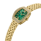Gold-toned tonneau watch with a green dial, radial lines, crystal-studded bezel, Roman numerals, and a multi-link bracelet.