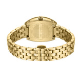 Gold-toned watch, back view. Curved rectangular case with brushed finish. Multi-link bracelet with open butterfly clasp.