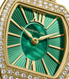 Gold-toned octagonal watch with crystal-encrusted bezel. Green dial with marbled center, striped outer ring, gold-toned hands