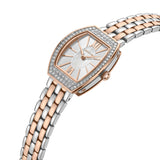 Rose-gold-toned tonneau watch with crystal bezel, mother-of-pearl dial, and two-toned rose-gold-toned/silver-toned bracelet.