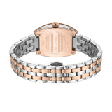 Rose gold-toned rectangular watch with a silver-toned bezel and a two-toned metal link bracelet, featuring alternating silver