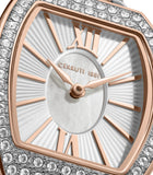 Rose gold-toned octagonal watch with crystal bezel, white striped dial, mother-of-pearl center, and rose gold-toned Roman/sti