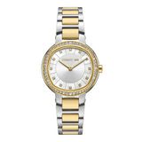 Cerruti women's watch with a silver-toned and gold-toned metal link bracelet, gold-toned stone-set bezel, and white mother-of