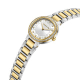 Two-toned silver and gold-toned metal watch with crystal-encrusted gold-toned bezel, white mother-of-pearl dial, and gold-ton