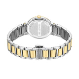 Back view of a silver-toned watch with a gold-toned crown and a two-tone metal bracelet with silver-toned outer links and gol
