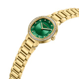 Gold-toned watch with a link bracelet, crystal-encrusted bezel, and a green mother-of-pearl dial with crystal hour markers.