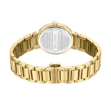 Gold-toned wristwatch with a metal link bracelet. The round case back is silver-toned with "CERRUTI 1881" engraved.