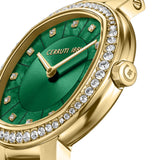 Gold-toned oval watch with crystal-encrusted bezel, green textured dial, gold-toned hands, and crystal hour markers.
