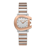Women's Cerruti watch with a rose gold-toned horseshoe case, white patterned dial, and silver and rose gold-toned bracelet.