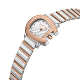 Horseshoe-shaped rose-gold-toned watch with a white wavy dial, clear stone markers, and a two-toned ceramic and rose-gold-ton