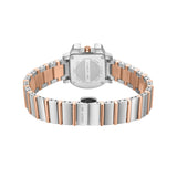 Back view of a silver-toned watch with a square case and a rose gold-toned crown. The bracelet has alternating silver-toned a