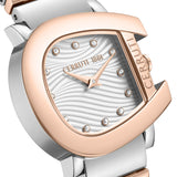 Two-toned watch: silver-toned case/bracelet, rose-gold-toned C-shaped bezel. White wavy dial, crystal markers, rose-gold hand