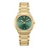 Gold-toned Cerruti women's watch with a tonneau case, multi-link bracelet, and green sunray dial with crystal bezel.