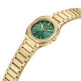 Gold-toned watch with an octagonal case, clear stones on the bezel, a green sunburst dial, and a gold-toned link bracelet.