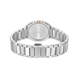 Silver-toned octagonal watch with a rose gold-toned crown, metal link bracelet, and "CERRUTI 1881" on clasp, back view.