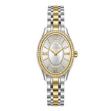 Cerruti women's watch with an oval silver-toned dial, gold-toned bezel with crystals, and a two-tone silver and gold bracelet