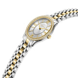 Oval silver-toned watch with a gold-toned crystal-studded bezel, white dial, gold-toned Roman numerals, and a two-toned silve
