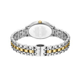 Back view of a silver-toned watch with a gold-toned crown and a two-tone silver and gold-toned link bracelet with engraved cl
