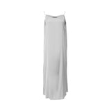 Front view of the slate grey satin spaghetti-strap slip dress used as an underlayer.