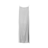 Rear view of the floor-length grey satin slip dress showing its smooth, minimalist design.