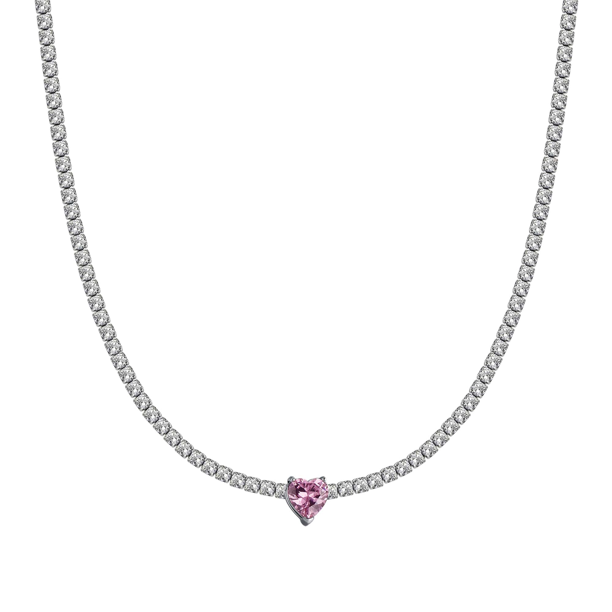 Luca Barra Ladies Steel Necklace With White Crystals And Pink Crystal Heart | Fashion Jewellery | Necklace | Necklace With Pendant | Women | Women Necklaces | Womens