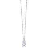 Silver-toned steel necklace with a rectangular white zircon pendant and two smaller round white zircons.