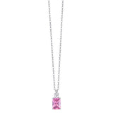 Silver-toned steel necklace with a rectangular pink zircon pendant below a smaller round white zircon.