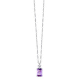 Silver-toned steel necklace with a rectangular purple zircon pendant and a small white zircon accent stone