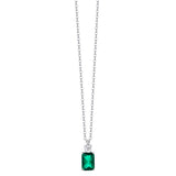Silver-toned steel necklace with a rectangular green zircon pendant and a small round white zircon accent.