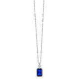 Silver-toned steel necklace with a deep blue rectangular zircon pendant and a small white round zircon accent stone.