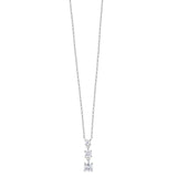 Silver-toned steel necklace with a delicate chain and three vertically suspended clear zircons: one round, two square.
