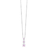 Silver-toned steel necklace with a delicate chain and a drop pendant featuring three graduated pink zircons, one round and tw